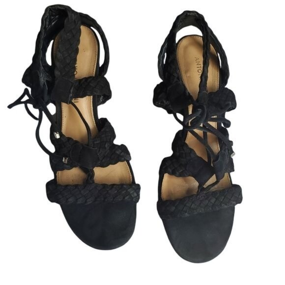 ANTONIO MELANI Block Heel Sandals SZ 8 Leather Round Open Toe Strapy‎ Braided 4" - Picture 12 of 12